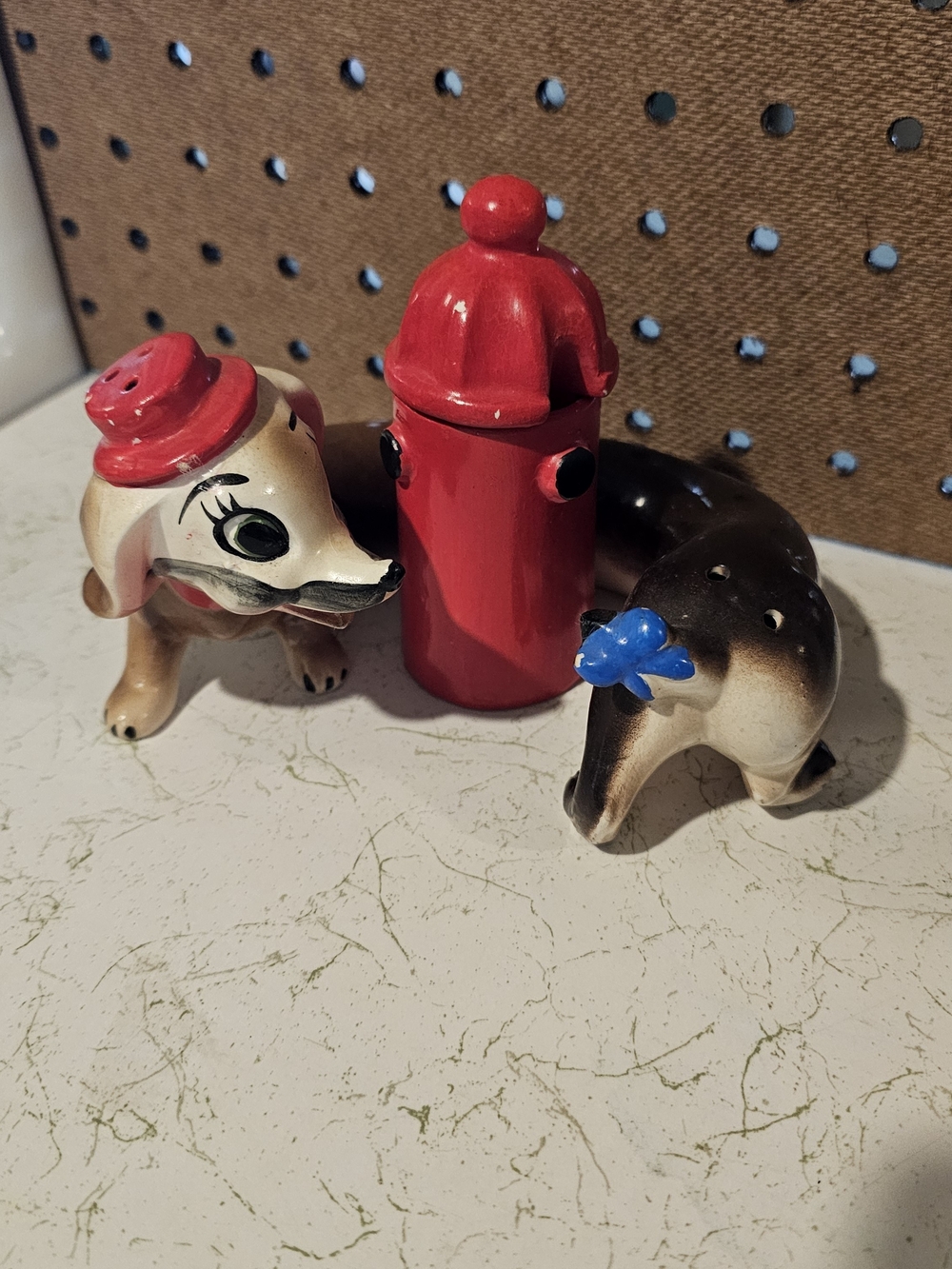 Vintage Red Fire Hydrant with Painted Dachshund Salt & Pepper Set